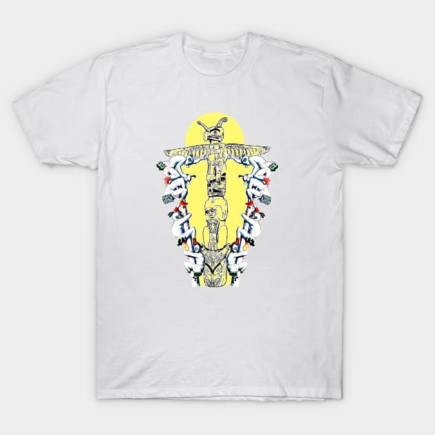 Totem in the village with indigenous people climbing a ritual trunk T-Shirt by Marccelus